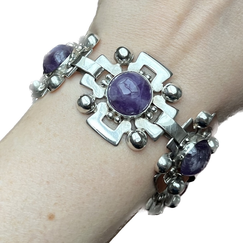 1930’s FRED DAVIS Sterling SILVER & AMETHYST Early Mexican MODERNIST Bracelet.